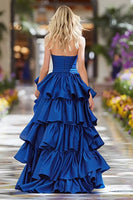Load image into Gallery viewer, Dark Blue Ruffled A-Line Long Prom Dress with Slit