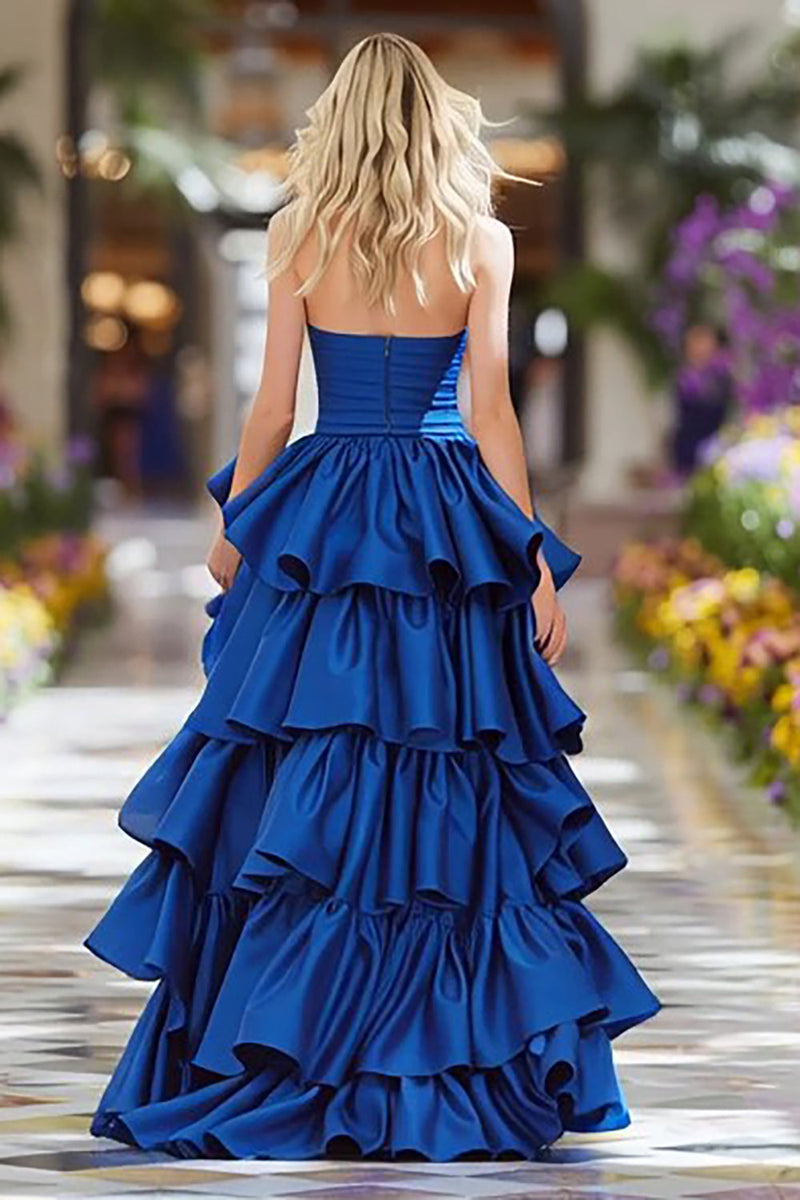 Load image into Gallery viewer, Dark Blue Ruffled A-Line Long Prom Dress with Slit