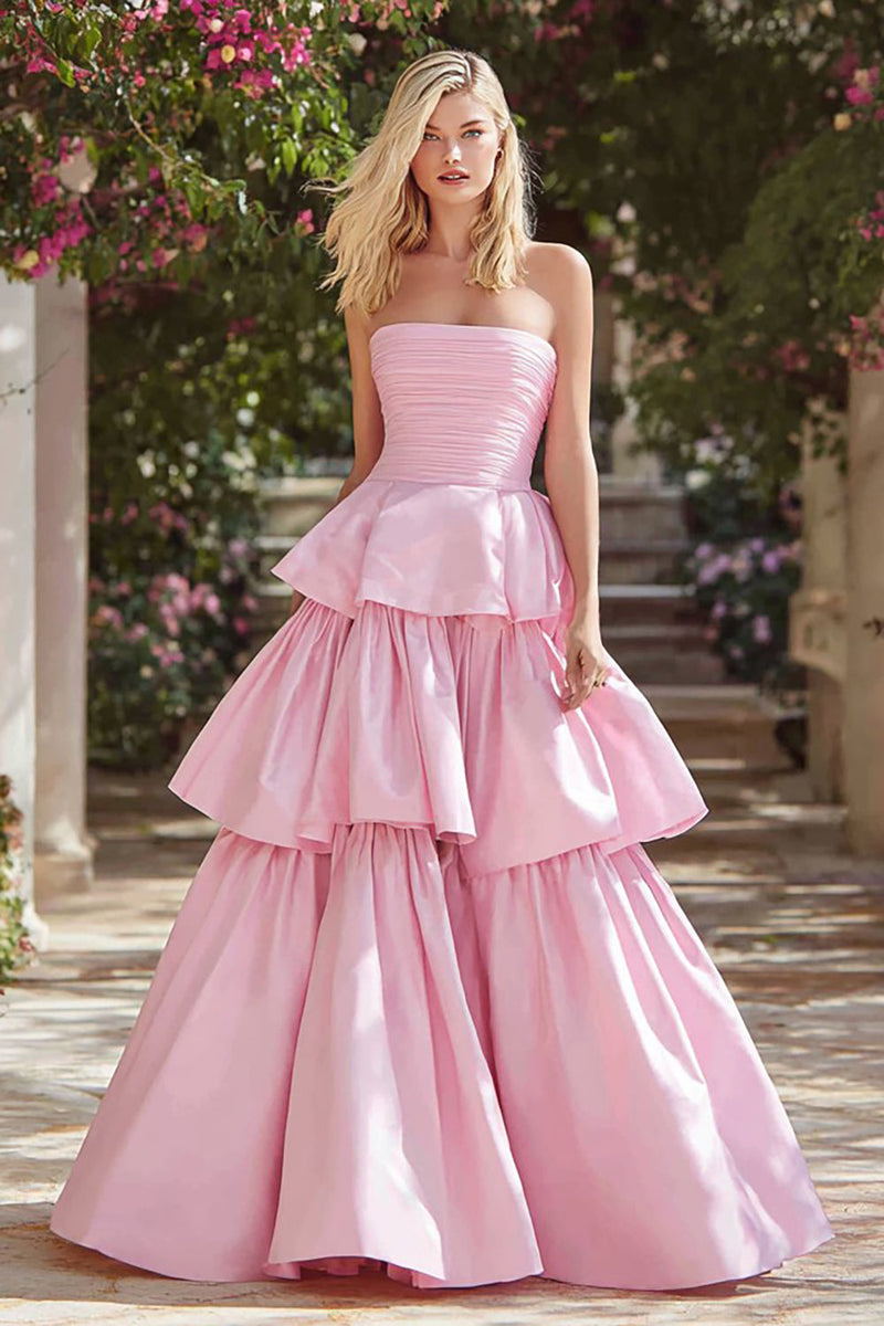 Load image into Gallery viewer, Pink Strapless Long Tiered Prom Dress with Ruffles