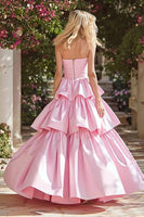 Load image into Gallery viewer, Pink Strapless Long Tiered Prom Dress with Ruffles