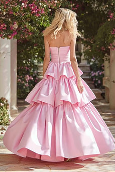Pink Strapless Long Tiered Prom Dress with Ruffles