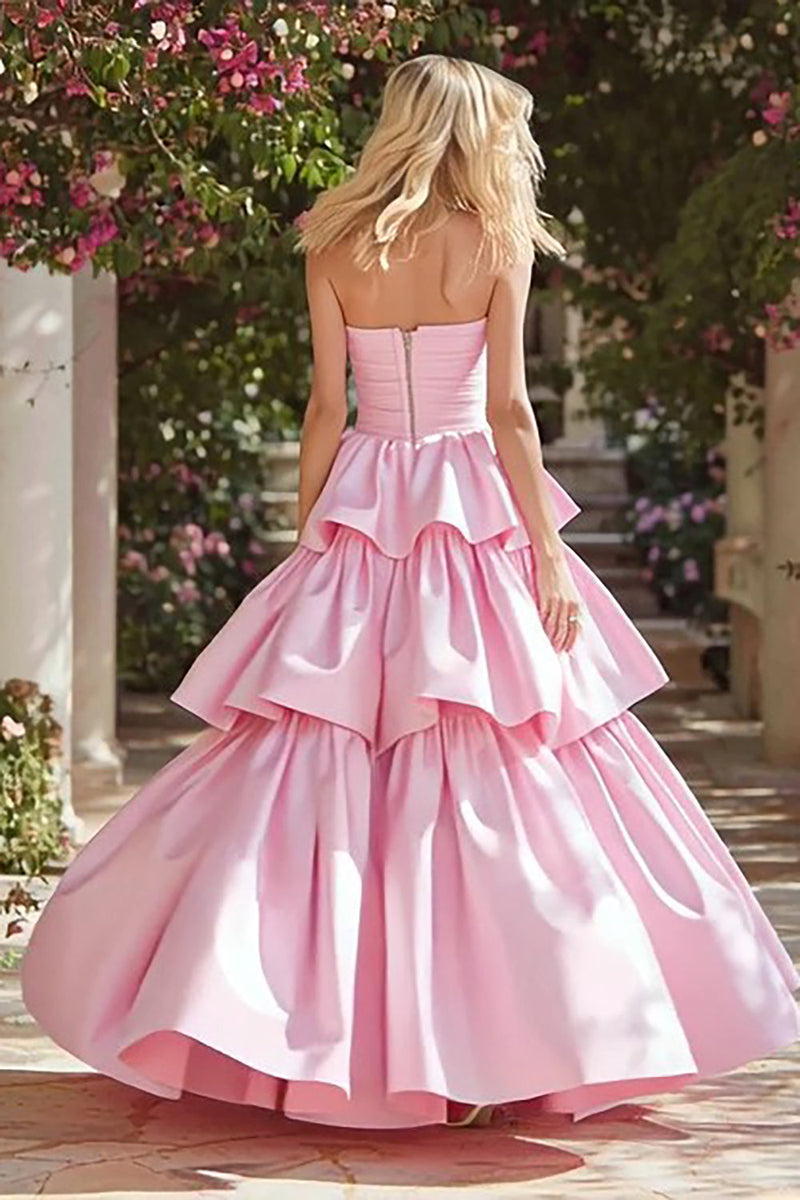 Load image into Gallery viewer, Pink Strapless Long Tiered Prom Dress with Ruffles