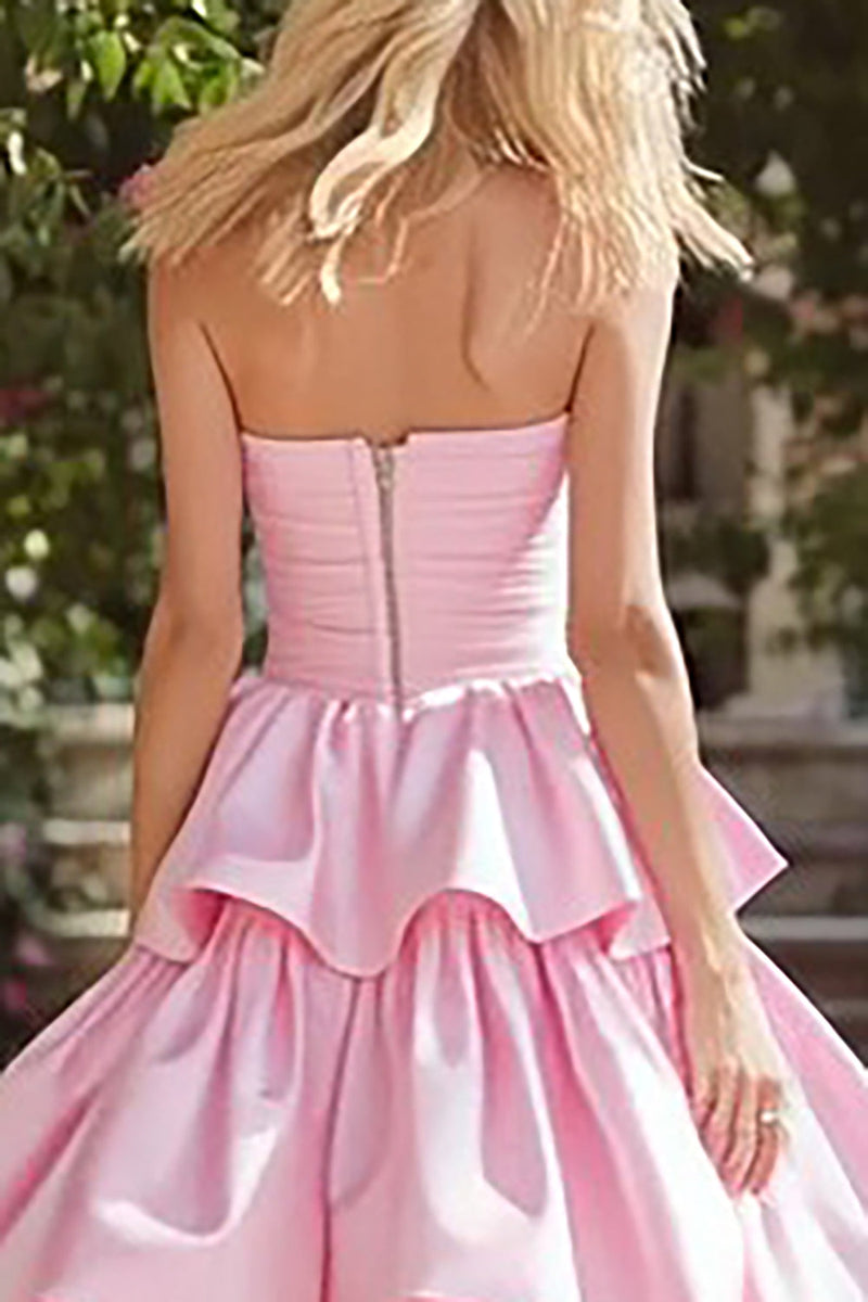 Load image into Gallery viewer, Pink Strapless Long Tiered Prom Dress with Ruffles