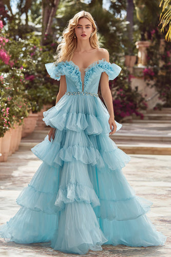 Sparkly Sky Blue Tulle Ruffled Long Prom Dress with Rhinestones