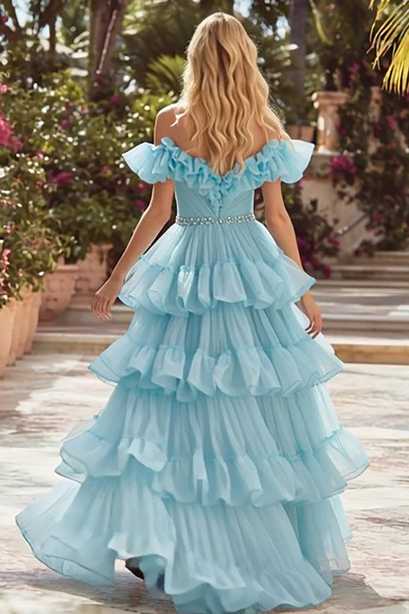 Load image into Gallery viewer, Sparkly Sky Blue Tulle Ruffled Long Prom Dress with Rhinestones