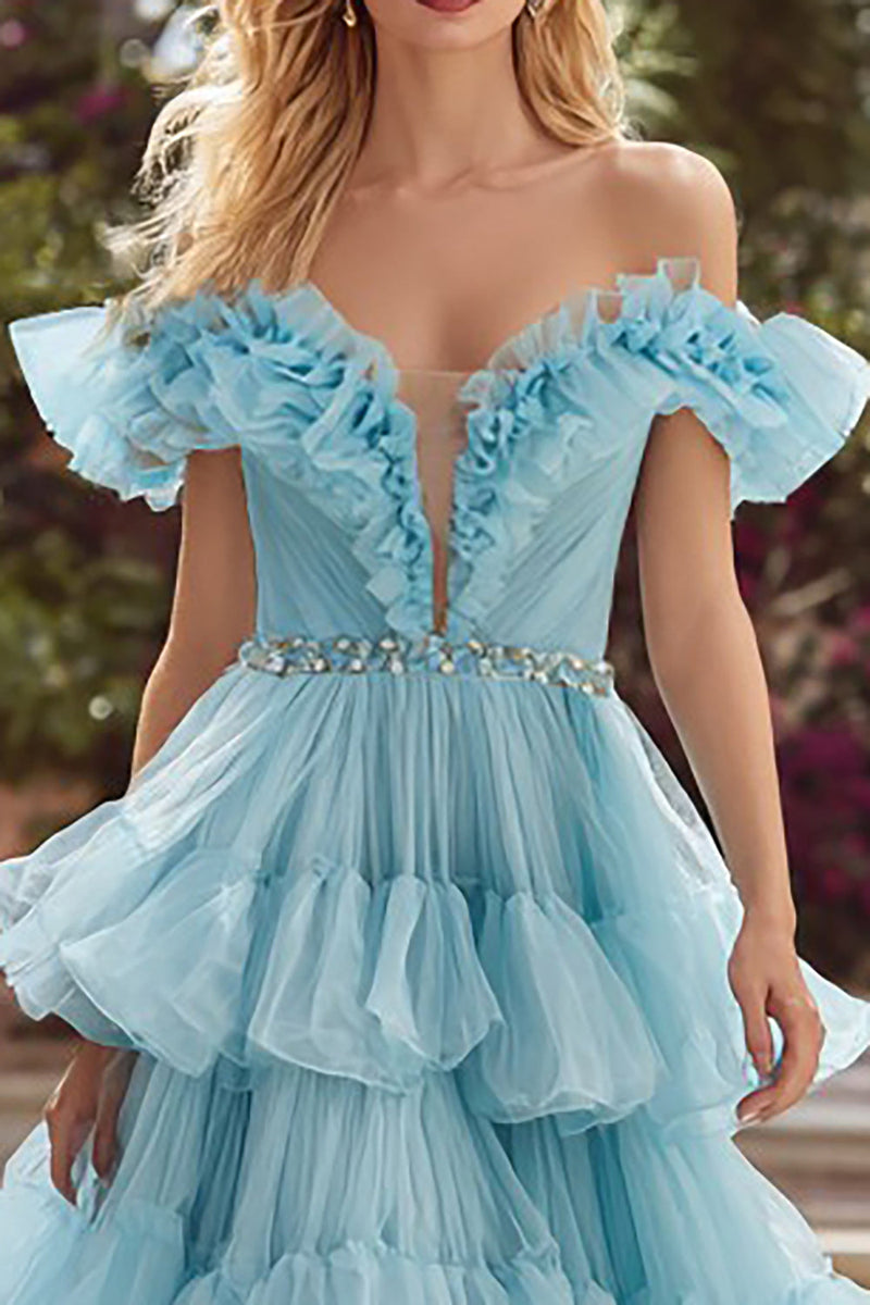 Load image into Gallery viewer, Sparkly Sky Blue Tulle Ruffled Long Prom Dress with Rhinestones