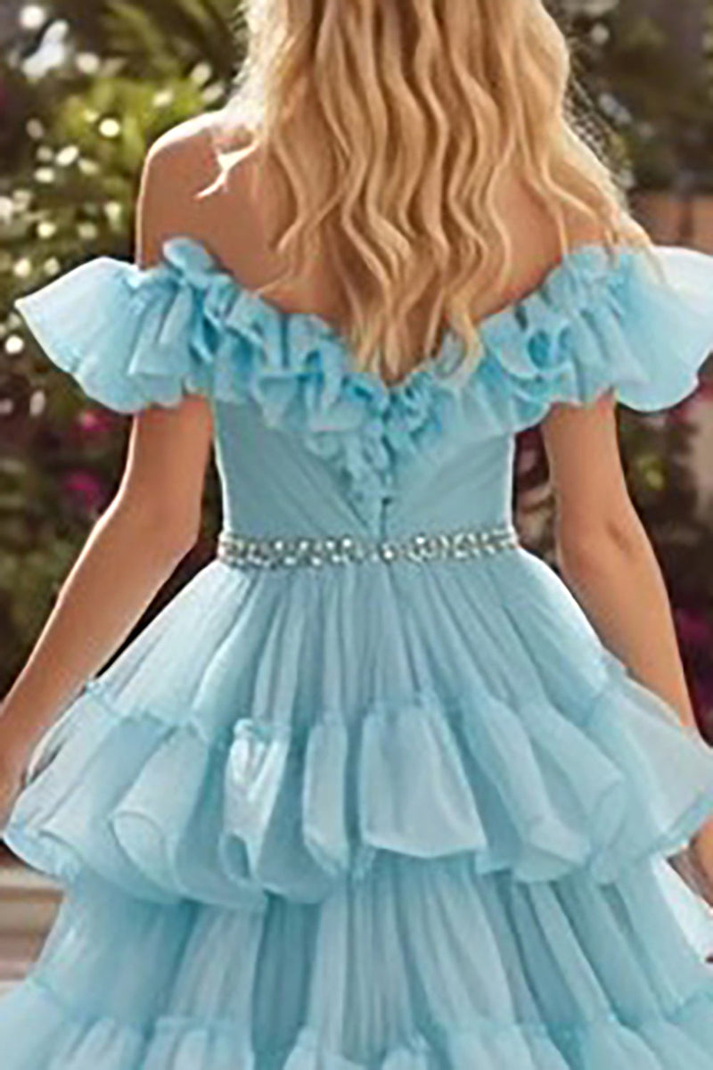 Load image into Gallery viewer, Sparkly Sky Blue Tulle Ruffled Long Prom Dress with Rhinestones