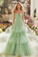 Load image into Gallery viewer, Light Green Tiered Long Princess Prom Dress with Ruffles