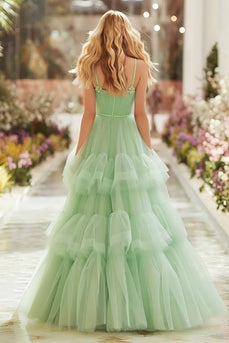 Light Green Tiered Long Princess Prom Dress with Ruffles