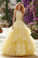 Load image into Gallery viewer, Sparkly Light Yellow Long Ruffled Prom Dress with Beading
