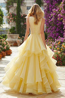 Load image into Gallery viewer, Sparkly Light Yellow Long Ruffled Prom Dress with Beading