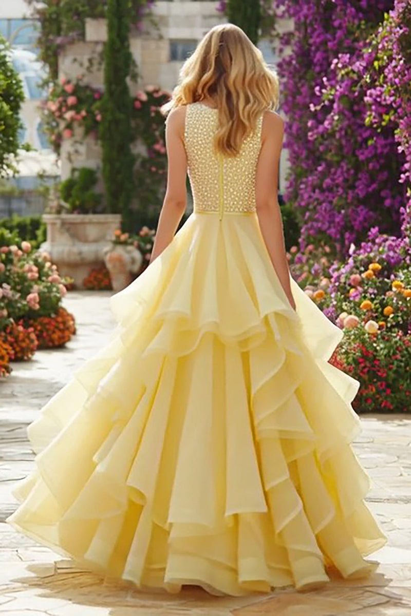 Load image into Gallery viewer, Sparkly Light Yellow Long Ruffled Prom Dress with Beading