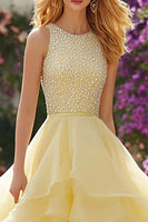 Load image into Gallery viewer, Sparkly Light Yellow Long Ruffled Prom Dress with Beading