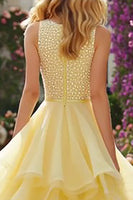 Load image into Gallery viewer, Sparkly Light Yellow Long Ruffled Prom Dress with Beading