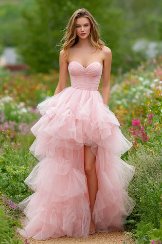 Light Pink Tulle Tiered Corset Long Prom Dress with Slit