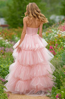 Load image into Gallery viewer, Light Pink Tulle Tiered Corset Long Prom Dress with Slit