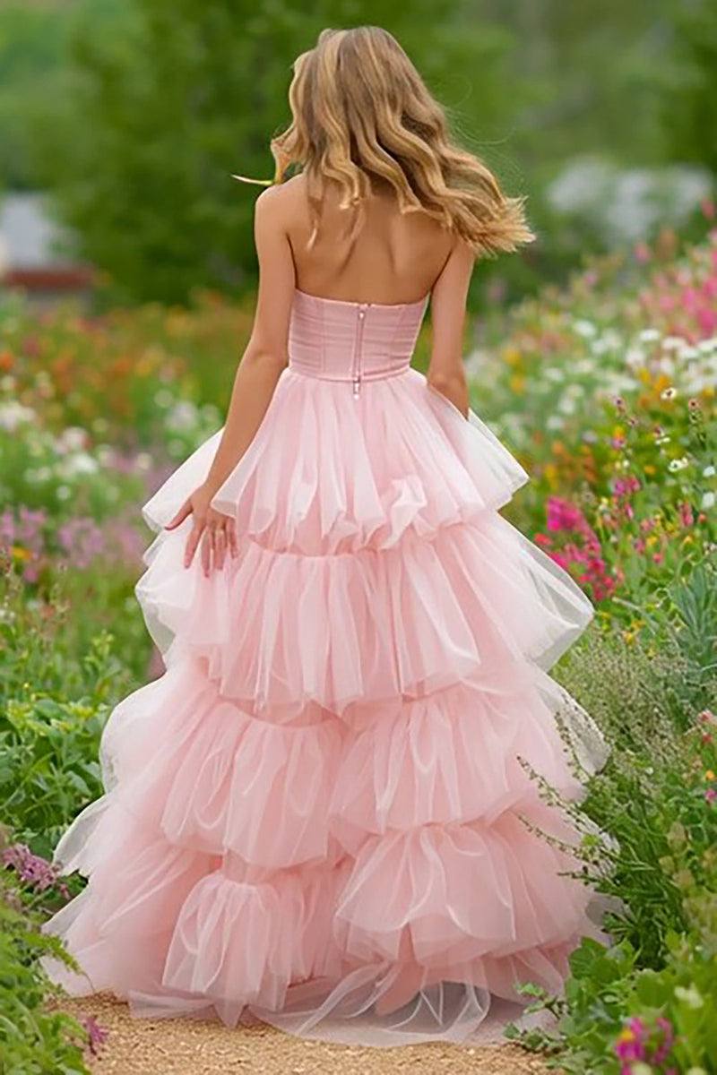 Load image into Gallery viewer, Light Pink Tulle Tiered Corset Long Prom Dress with Slit