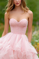 Load image into Gallery viewer, Light Pink Tulle Tiered Corset Long Prom Dress with Slit
