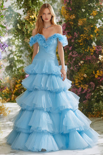 Sky Blue Ruffled Pleated Long Prom Dress