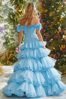 Sky Blue Ruffled Pleated Long Prom Dress