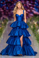 Load image into Gallery viewer, Dark Blue Ruffled Long Prom Dress with Slit