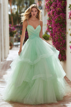 Light Green Tulle Tiered Long Prom Dress with Ruffles