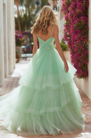 Load image into Gallery viewer, Light Green Tulle Tiered Long Prom Dress with Ruffles