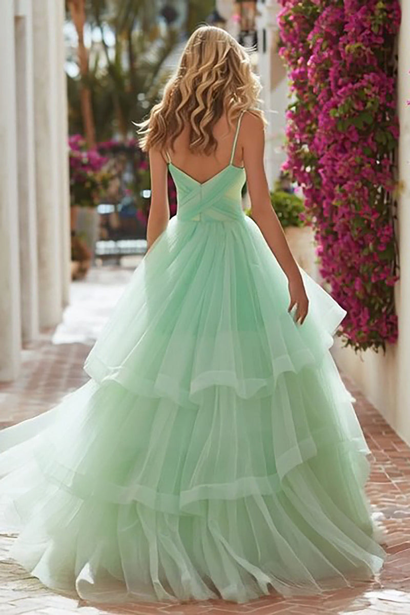 Load image into Gallery viewer, Light Green Tulle Tiered Long Prom Dress with Ruffles