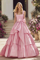 Load image into Gallery viewer, Pink Ruffled Thick Straps Long Prom Dress With Bow