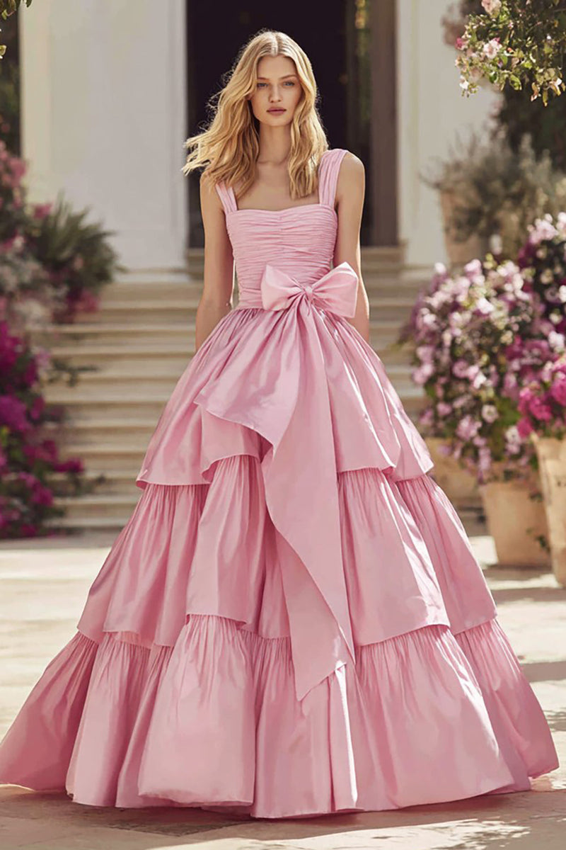 Load image into Gallery viewer, Pink Ruffled Thick Straps Long Prom Dress With Bow