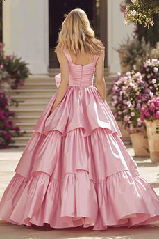 Pink Ruffled Thick Straps Long Prom Dress With Bow