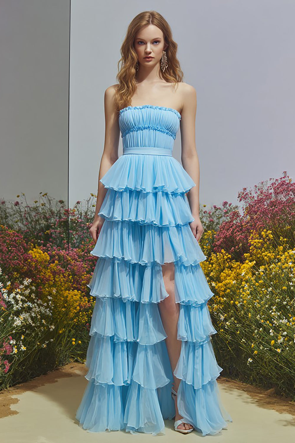 Sky Blue Ruffled Strapless Long Prom Dress with Slit