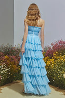 Load image into Gallery viewer, Sky Blue Ruffled Strapless Long Prom Dress with Slit