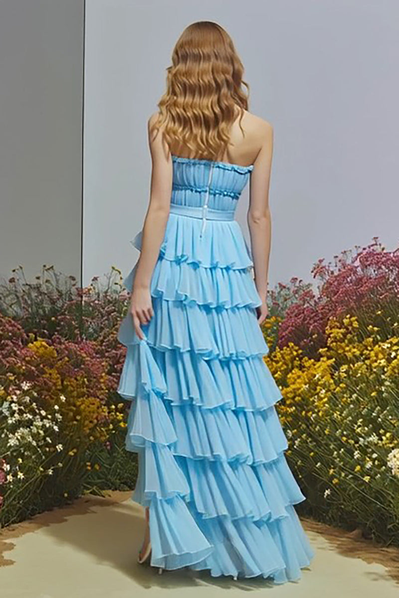 Load image into Gallery viewer, Sky Blue Ruffled Strapless Long Prom Dress with Slit