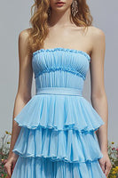 Load image into Gallery viewer, Sky Blue Ruffled Strapless Long Prom Dress with Slit