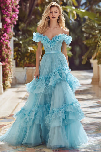 Sky Blue Tiered Off the Shoulder Long Prom Dress with Ruffles