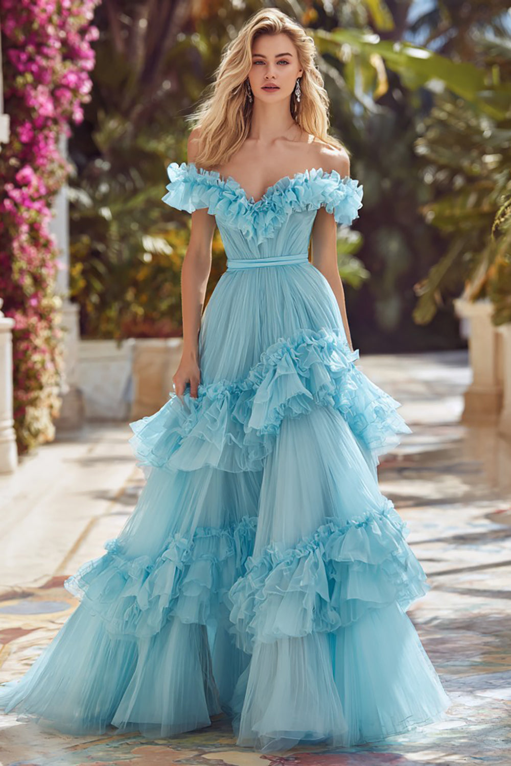 Sky Blue Tiered Off the Shoulder Long Prom Dress with Ruffles
