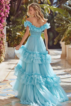 Sky Blue Tiered Off the Shoulder Long Prom Dress with Ruffles