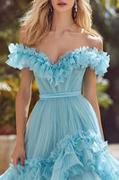 Load image into Gallery viewer, Sky Blue Tiered Off the Shoulder Long Prom Dress with Ruffles