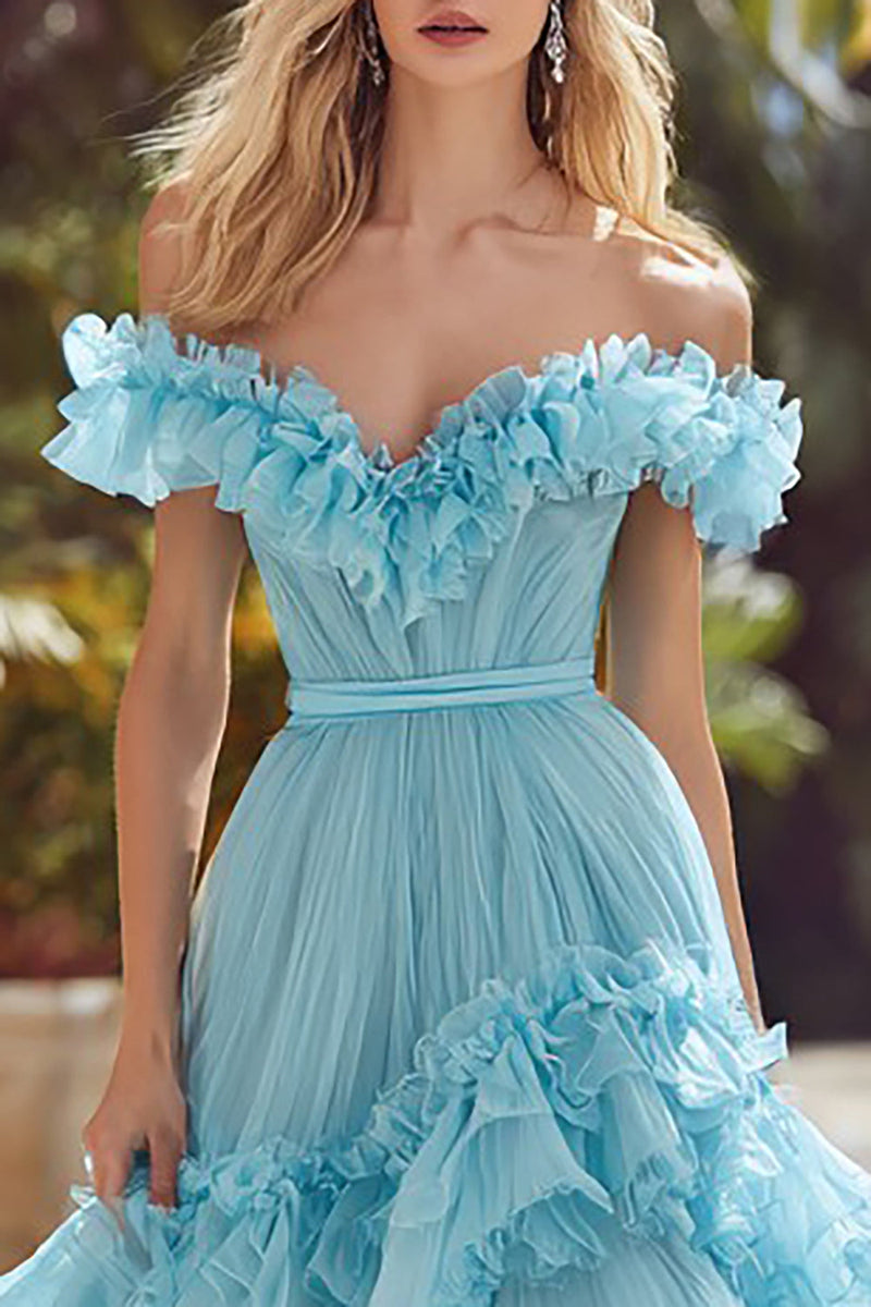 Load image into Gallery viewer, Sky Blue Tiered Off the Shoulder Long Prom Dress with Ruffles