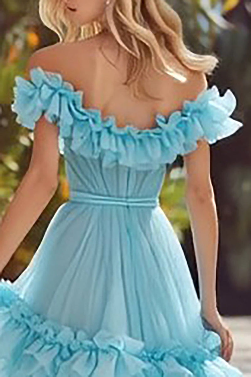 Load image into Gallery viewer, Sky Blue Tiered Off the Shoulder Long Prom Dress with Ruffles