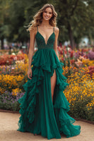Load image into Gallery viewer, Sparkly Dark Green Beaded Ruffled Long Prom Dress with Slit