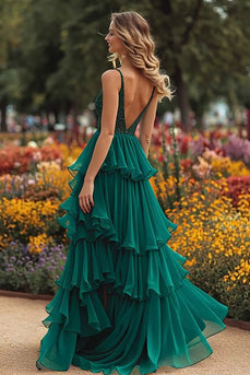 Sparkly Dark Green Beaded Ruffled Long Prom Dress with Slit