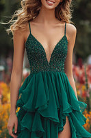 Load image into Gallery viewer, Sparkly Dark Green Beaded Ruffled Long Prom Dress with Slit
