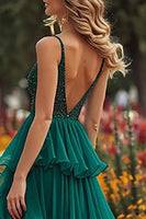 Load image into Gallery viewer, Sparkly Dark Green Beaded Ruffled Long Prom Dress with Slit