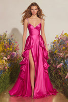 Load image into Gallery viewer, Sparkly Fuchsia Long Ruffled Prom Dress with Slit