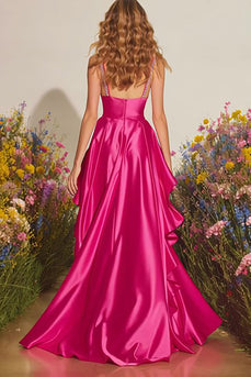 Sparkly Fuchsia Long Ruffled Prom Dress with Slit