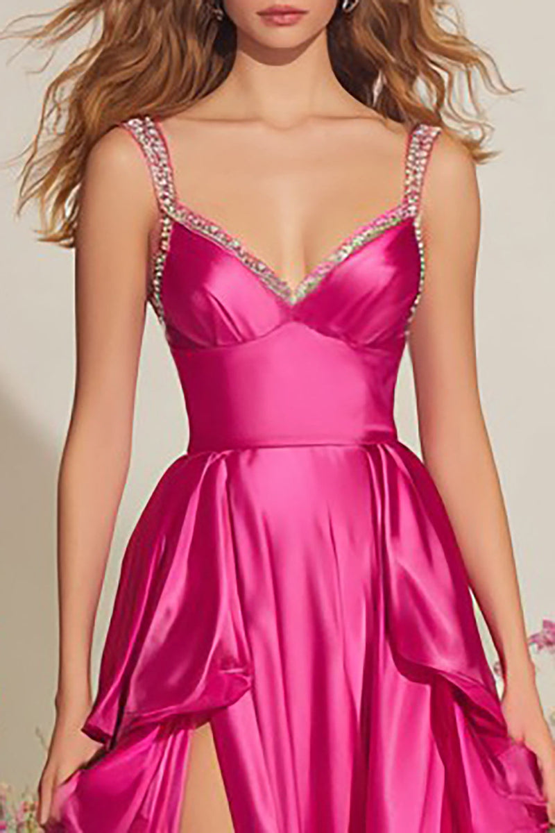Load image into Gallery viewer, Sparkly Fuchsia Long Ruffled Prom Dress with Slit