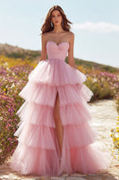 Load image into Gallery viewer, Pink Tulle Ruffled Long Prom Dress with Slit