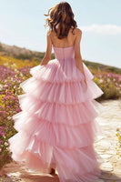 Load image into Gallery viewer, Pink Tulle Ruffled Long Prom Dress with Slit